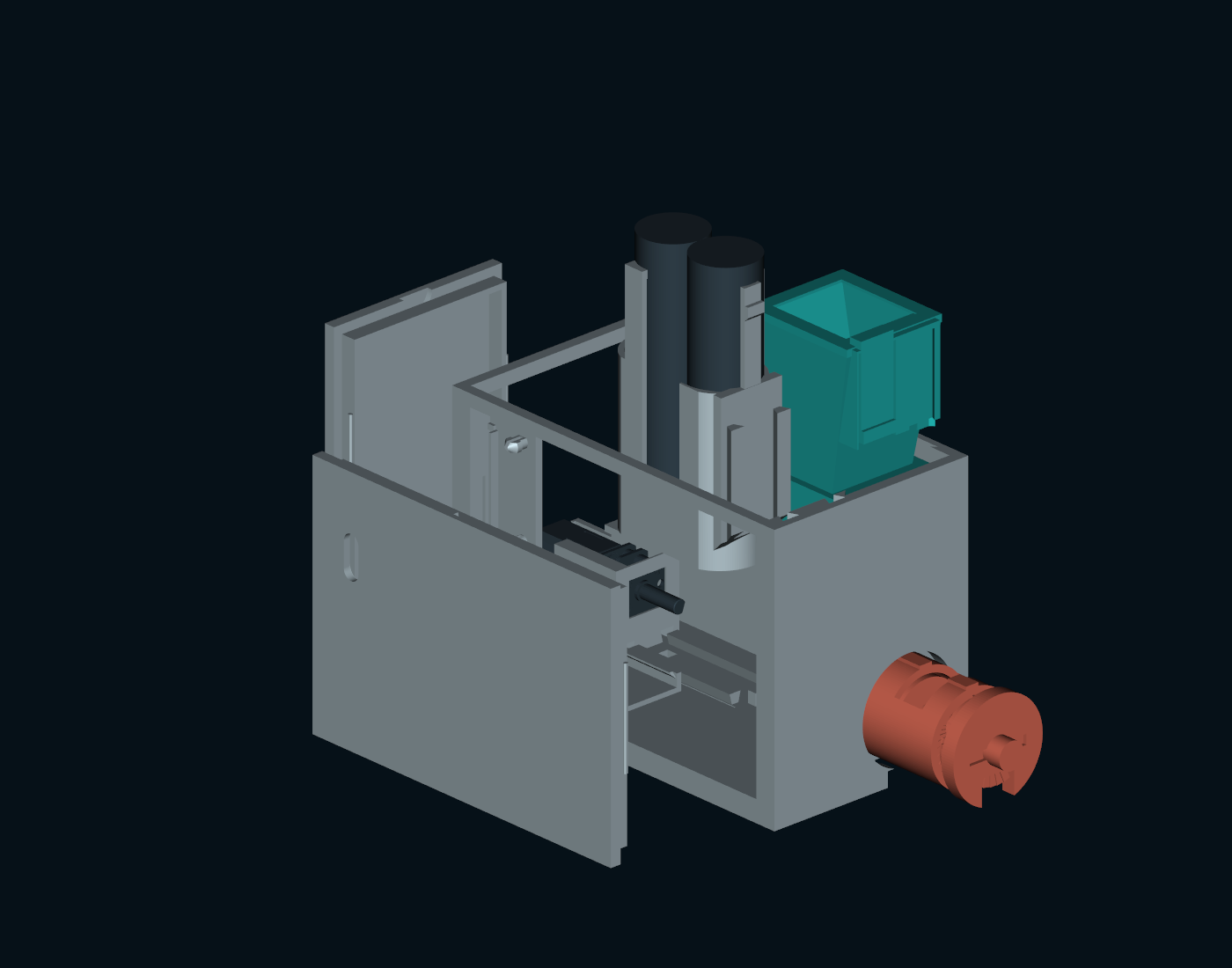 Exploded CAD illustration of the enclosure, hopper, battery holder, cartridge and motor assembly