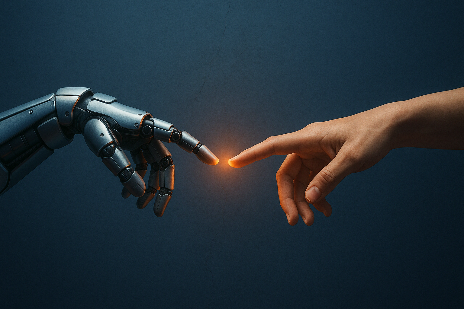 Illustration of a human hand and robotic hand approaching each other